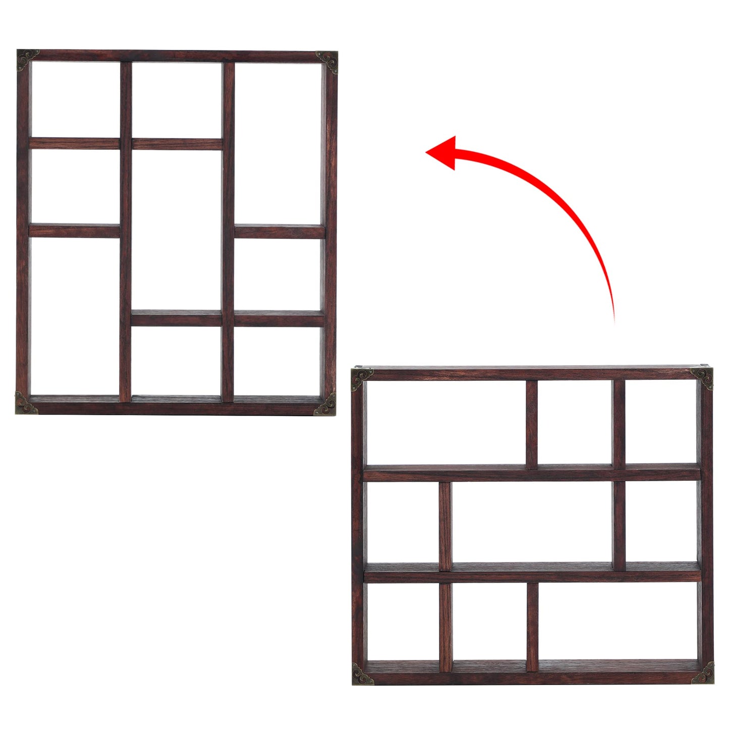 MITREL 17.7x15.7-Inch Shadow Box Display Shelf，6-Slot Rustic Floating Shelves，Larger Wood Trinket Shelf Freestanding Farmhouse Curio Shelf(6C-Rustic Walnut)