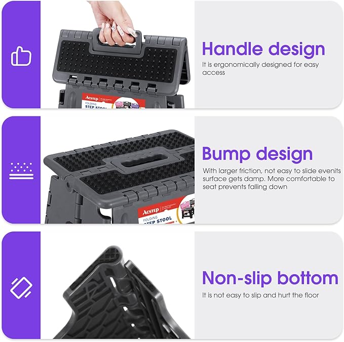 ACSTEP 17.5 Inch Folding Step Stool for Adults and Kids, Non-Slip Plastic Foldable Stepping Stool, Collapsible Folding Stool with Handle Holds Up to 400lbs for Kitchen, Dot Grey (1 Pack)