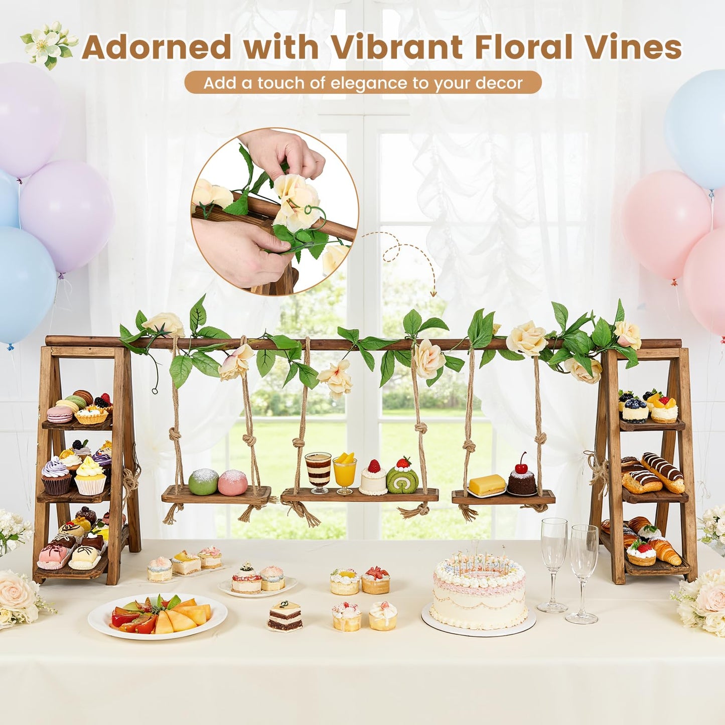 3 Tier Wooden Cupcake Stand with Swing & Flower Decor, Dessert Table Display Set with Removable Trays for Cake Fruit Snack Bread, Rustic Foldable Ladder Stand for Party, Birthday, Wedding & Events