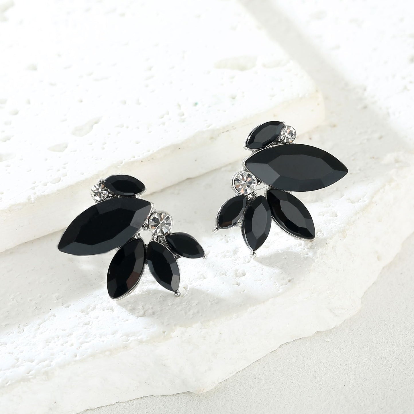 Black Rhinestone Drop Earring Sparkly Wedding Earrings for Women Prom Party Faux Crystal Stud Earrings Silver-Tone