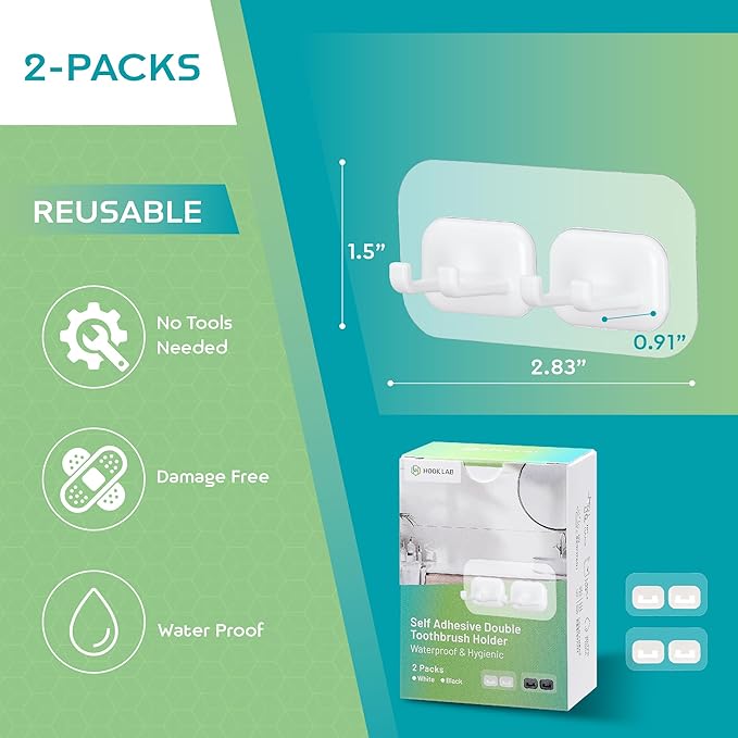 Hook LAB Self-Adhesive Double Toothbrush Holder, 2-Pack, Removable & Reusable Wall-Mounted Storage Organizer, for Bathroom & Kitchen Accessories - White