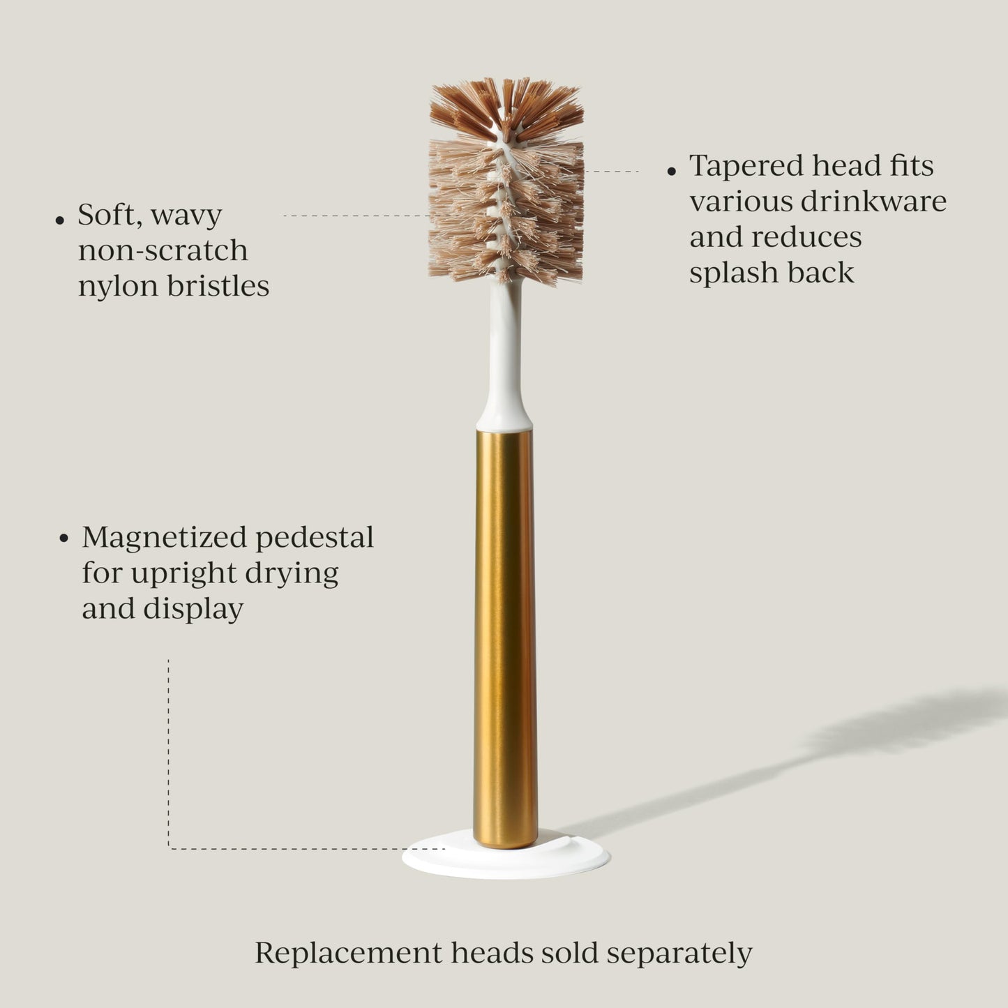 Curio Home Goods Ionic Bottle Brush, Magnetized to Stand Upright, Stainless Steel with Replaceable Head, Brass/Gold