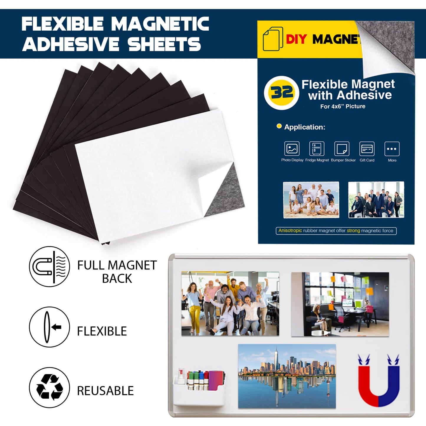 Magnetic Sheets with Adhesive Backing for 4x6 Pictures(Pack of 32),Adhesive Photo Magnets for Home/Classroom/Office,Magnets for Refrigerator