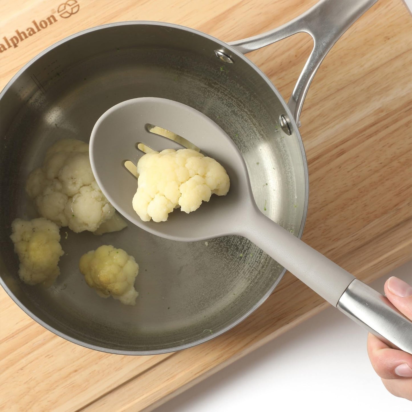 Calphalon Prime Stainless Steel Slotted Kitchen Spoon/Skimmer W/Taupe Silicone Head