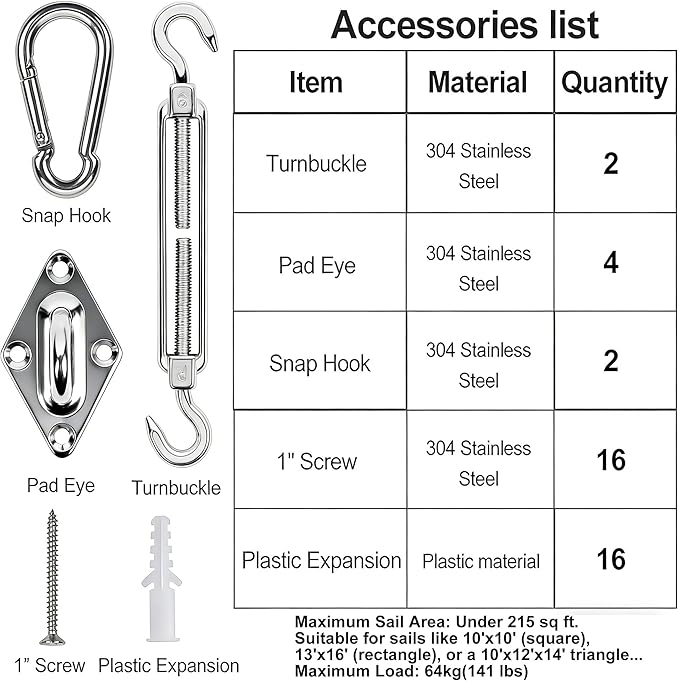 YOFIT 40 Pcs Shade Sail Hardware Kit, 6 Inch Outdoor Sun Sail Accessories, 304 Stainless Steel Turnbuckles & Brackets for Triangle/Rectangle Sails, Patio Canopy Installation Hardware Set Waterproof