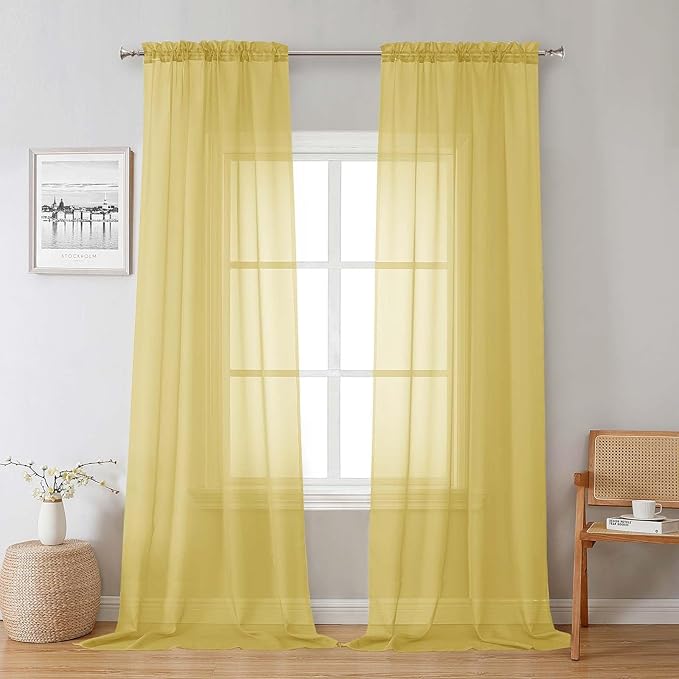 Lecloud Yellow Sheer Curtains 96 Inches Long 2 Panels, Gauzy Light Filtering Breathable Curtain, Solid Voile Home Decor Drapes with Dual Rod Pocket for Living Room Bedroom, Each 42" W x 96" L