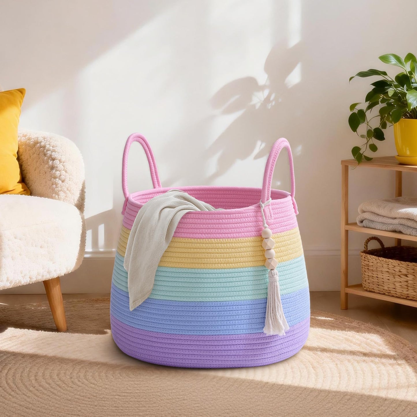 Degeyoyo Large Nursery Hamper, 30L Blanket Basket with Handle, Baby Laundry Basket for Gift, Toy, Clothes, Woven Storage Basket with Wooden Bead Decor, Baby Hamper for Nursery(Rainbow)
