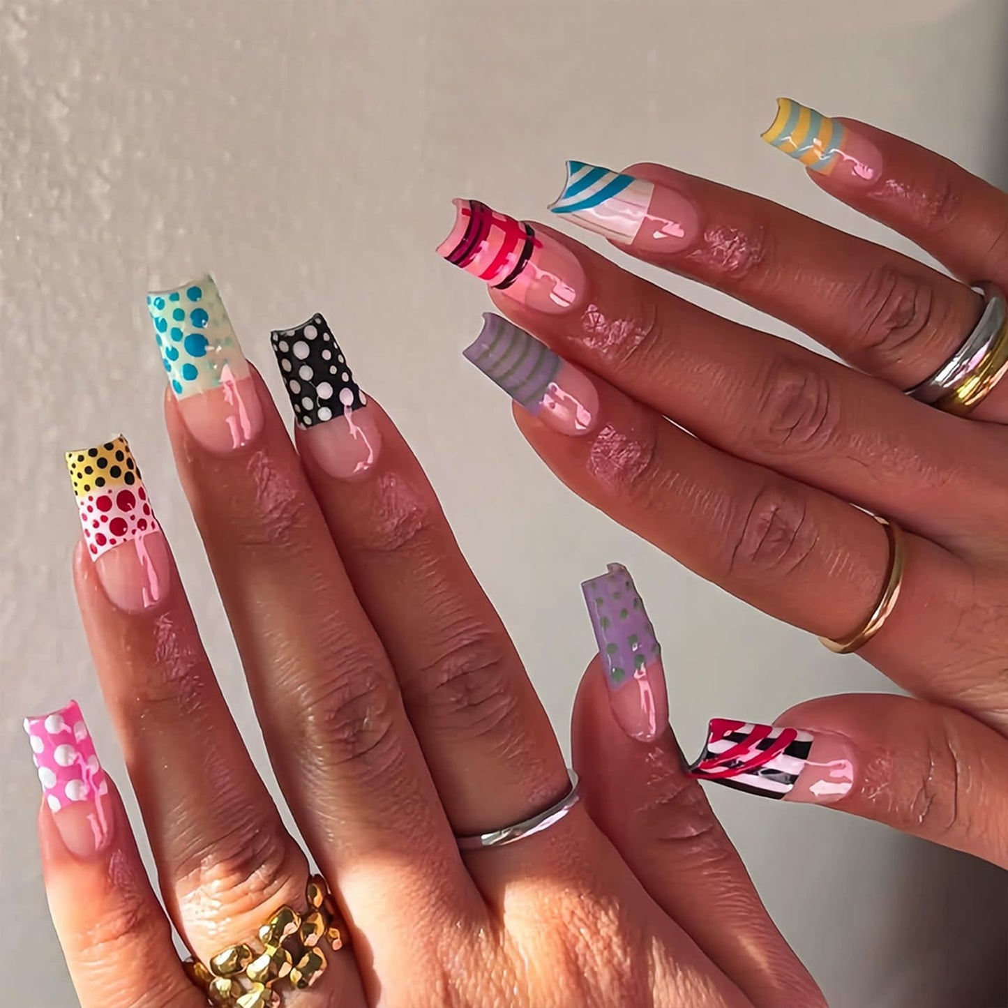 IMSOHOT Square Press on Nails, Long Fake Nails, Colorful Dopamine Polka Dot Stripe, 24 Pcs Reusable Glue on Nails for Women, Salon Quality