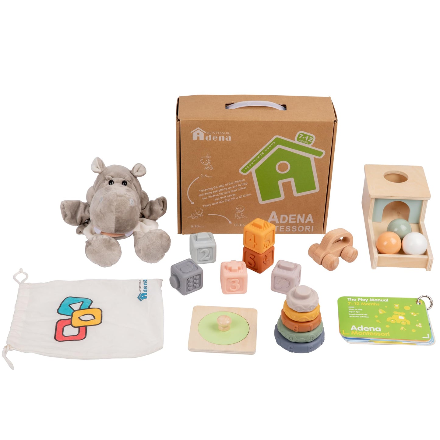 Adena Montessori Play Kit for 7-12 Month Baby,6 in 1 Learning Educational Brain Development Toys for Toddler Includ First Puzzle,Ball Drop Box,Stacking Pegs,First Blocks,Wooden Moving Car,Hand Puppet
