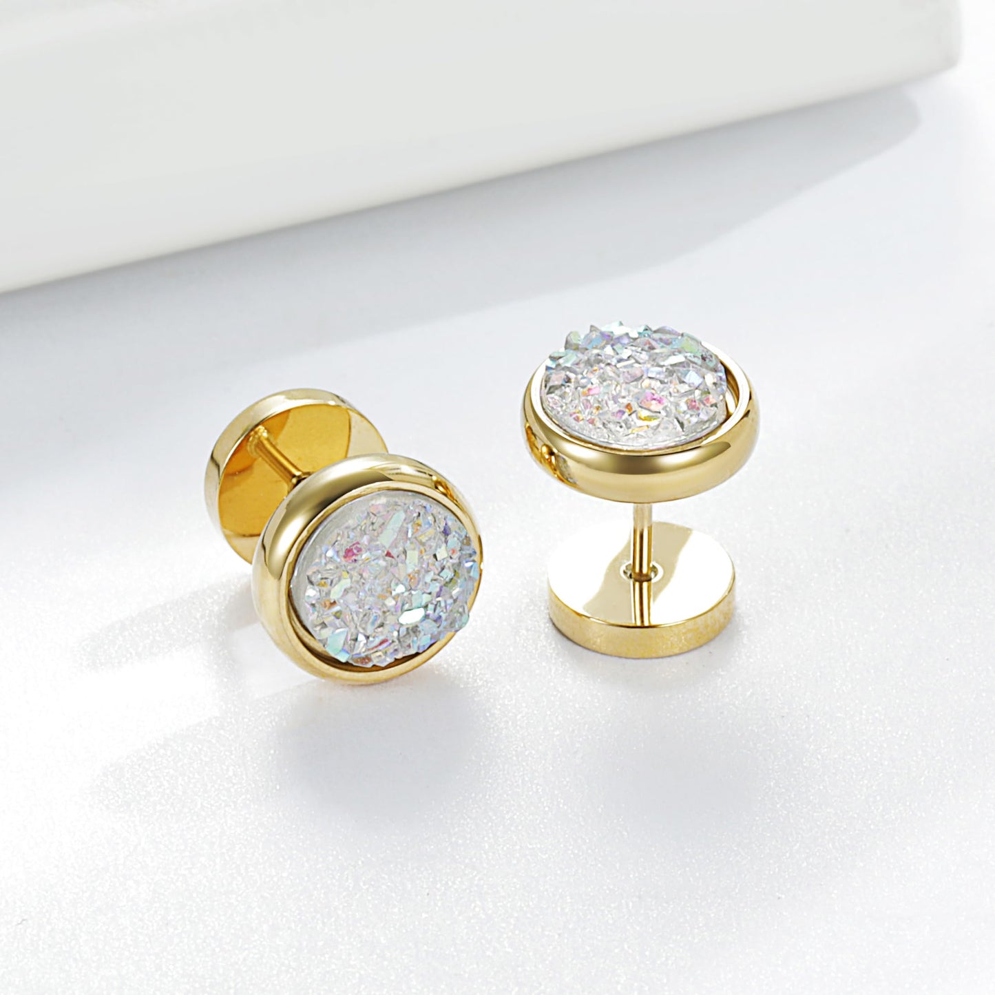 Women Men Flat Back Stud Earrings Non-Nickel Crystal Stone Earrings Titanium Stainless Steel Hypoallergenic Cartilage Earrings Stud for Sensitive Ears(White-gold)
