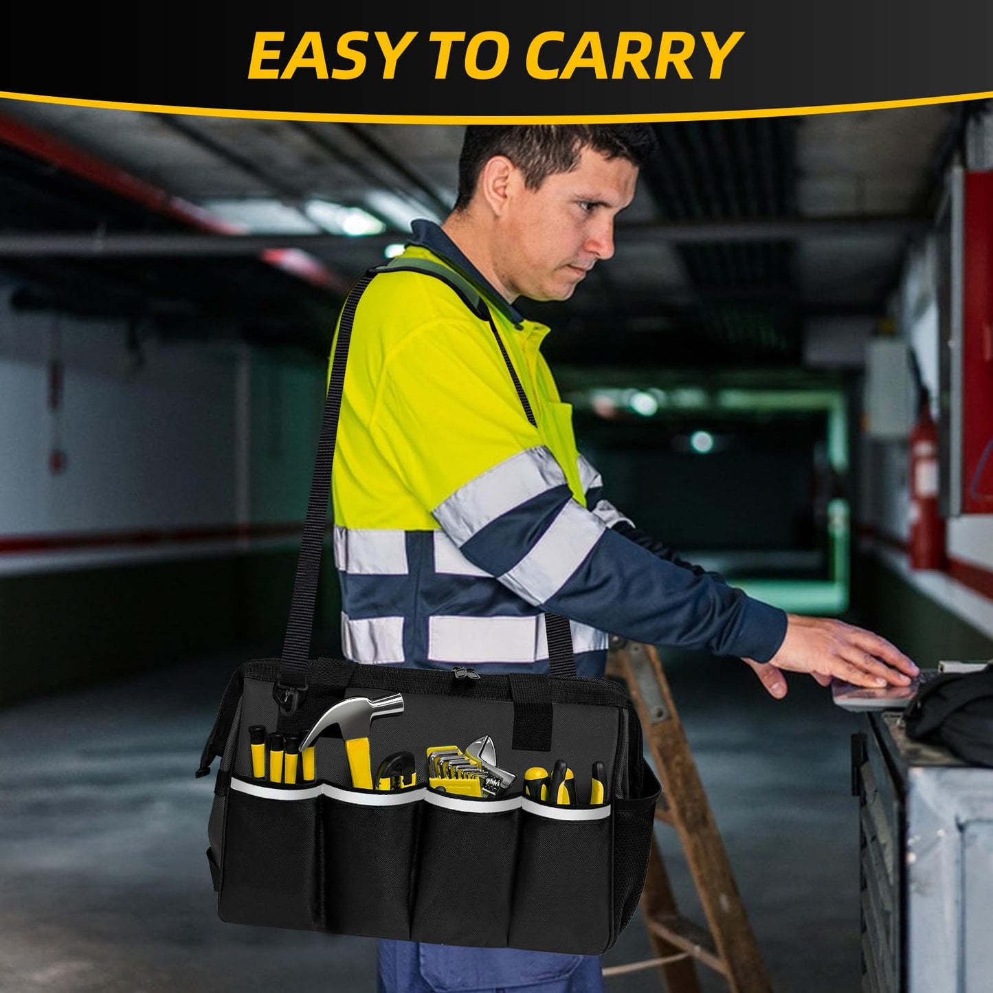 NECKORY Tool Bag, Portable Tool Box Organizer Adjustable Shoulder Strap, Carry Tool Tote Heavy Duty Tool Storage Bag With Wide Mouth,Tool Bags for Men Mechanic EngineerGift - M, Black