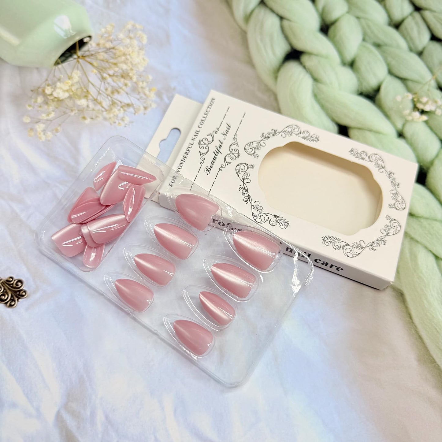 Pink Press on Nails Almond Fake Nails with Designs Glitter Stick on Nail Medium Acrylic False Nail Cute Summer Artificial Nail Press ons Glossy Full Cover Glue on Nails for Women 24Pcs