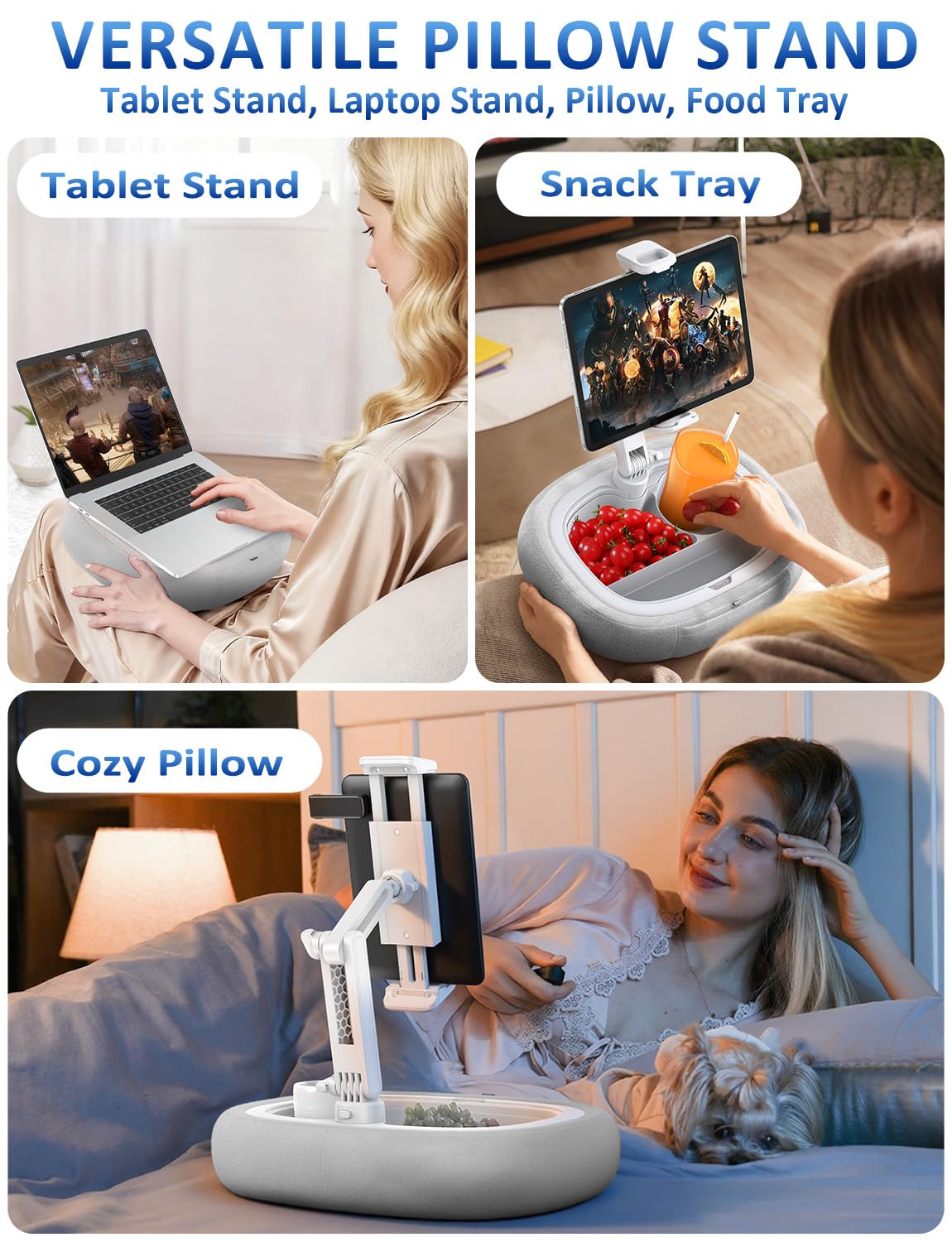 Tryone Tablet Pillow Holder & Laptop Stand : Lap Adjustable iPad Holder with Snack Bowl,Soft Plush Pillow & 360° Rotating Detachable Support Arm for 4.7-16.1 Kindle Phone Tablet Laptop (Gray)