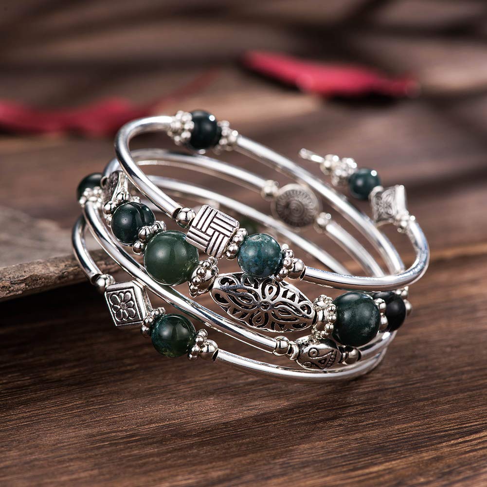 BULINLIN Layered Wrap Bangle Turquoise Bracelet - Bead Bracelet with Natural Agate Stone, Gifts For Women (09-Dark green)