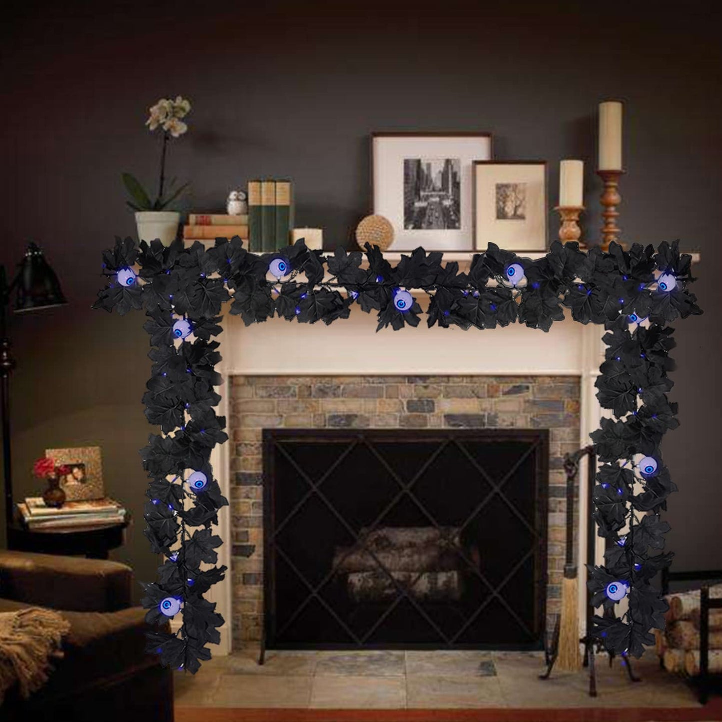 Black Maple Garland Halloween Decor Purple Lights Artificial Maple Wreaths for Wall Fireplace Outdoor Indoor Yard Haunted House Decoration