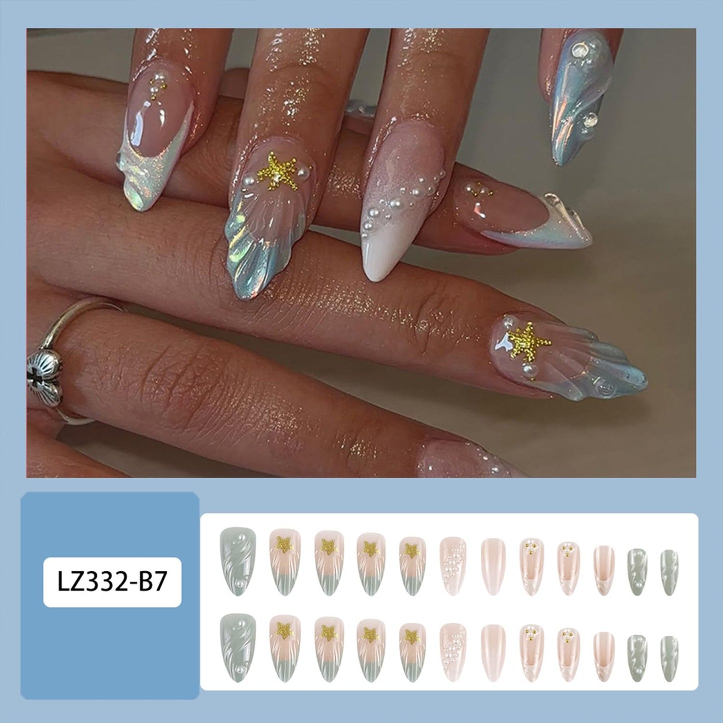 3D Star Pearl Press on Nails with French Tip False Nails Long Almond Artificial Glue on Nail Glossy Reusable Acrylic Stick on Nail for Women