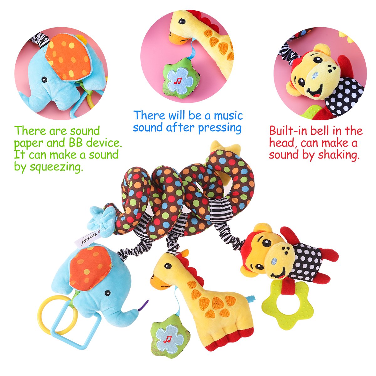 TOYMYTOY Car Seat Stroller Toy: Kid Plush Monkey Elephant Crib Hanging Rattles, Baby Spiral Carseat Bed Stroller Sensory Toy Newborn Essentials