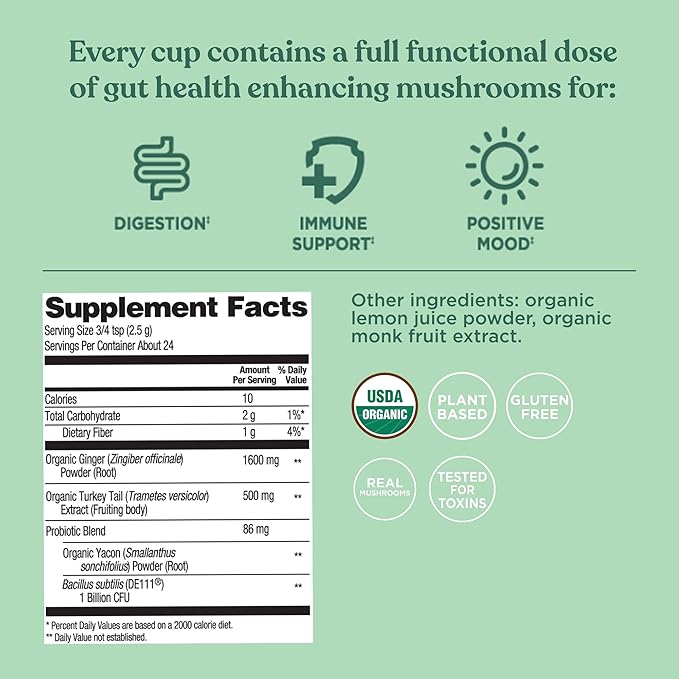 Four Sigmatic Gut Health Organic Herbal Tea | Organic Lemon Ginger Tea with Probiotics & Turkey Tail Mushroom | Instant Digestive Tea | Vegan, Gluten-Free | Lemon Ginger, 24 Servings