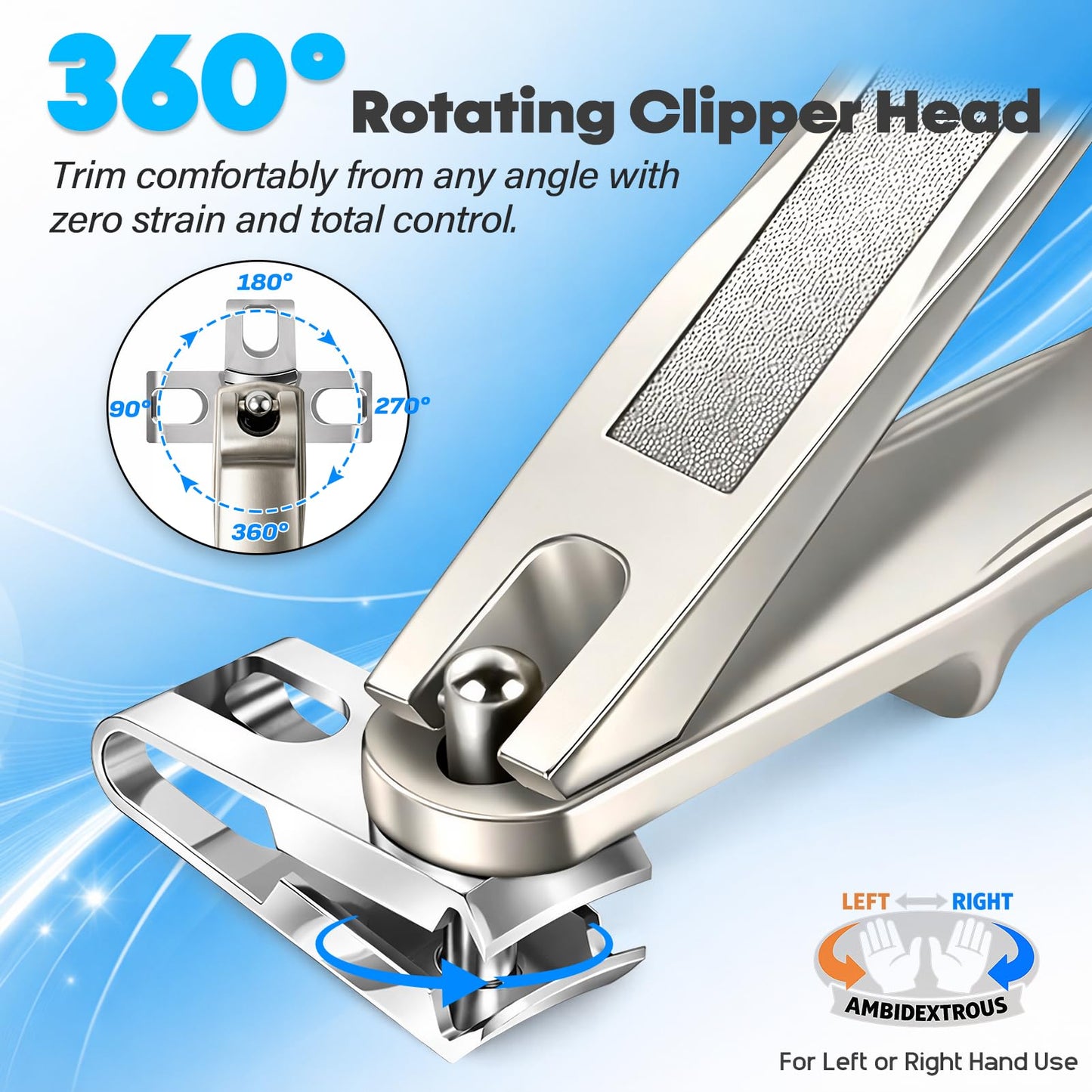 8-in-1 Heavy Duty Toenail & Fingernail Clippers for Seniors Men with Thick & Ingrown Nails - Manicure Pedicure Kit with 360° Swivel Head - Professional Wide Jaw Podiatrist Tools