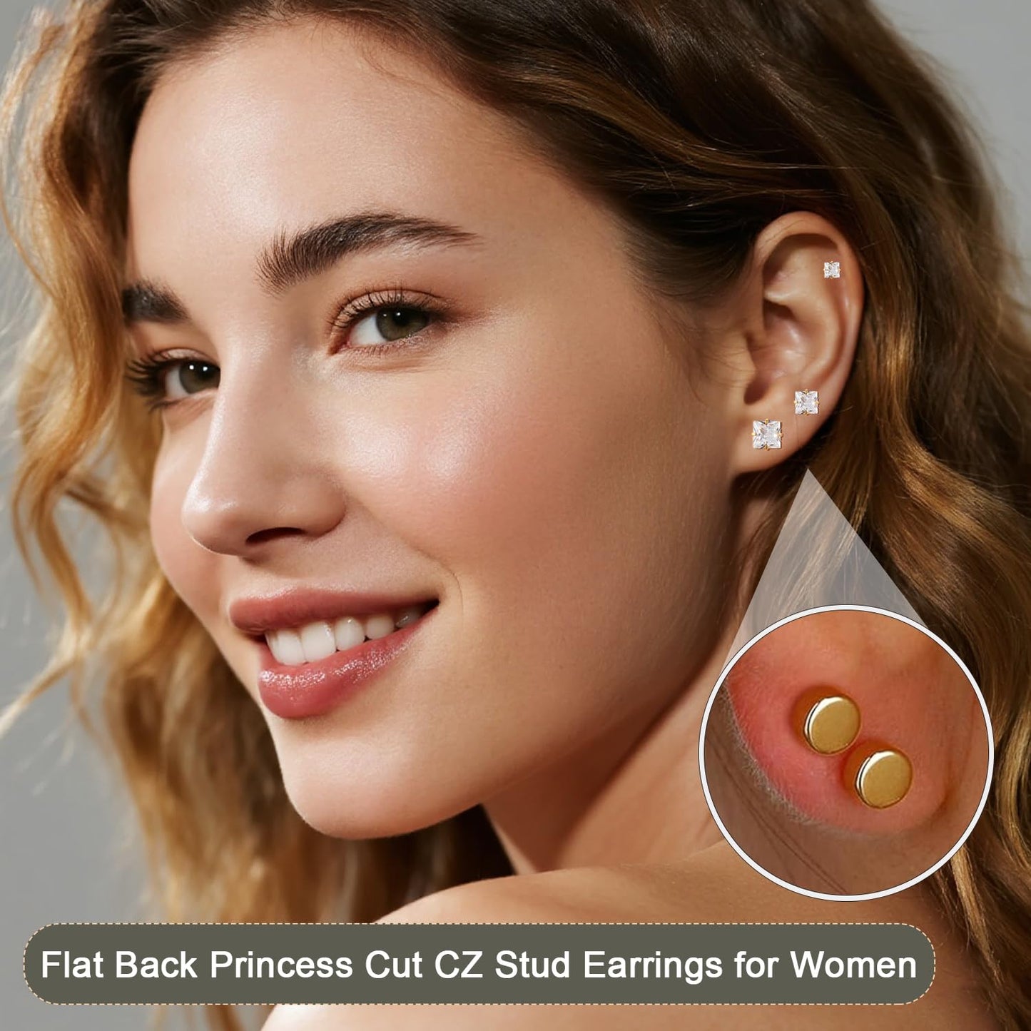 Princess Cut Square CZ Stud Earrings Flat Back, Screw Back Small Gold Clear Cubic Zirconia Studs Earrings Set for Women Men, Pack of 3 Pairs (3mm 4mm 5mm)