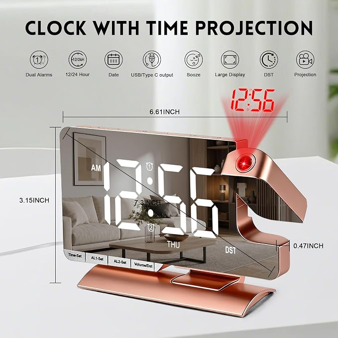 Projection Clock,Alarm Clocks for Bedrooms,7.3"Mirror Bedside Clock