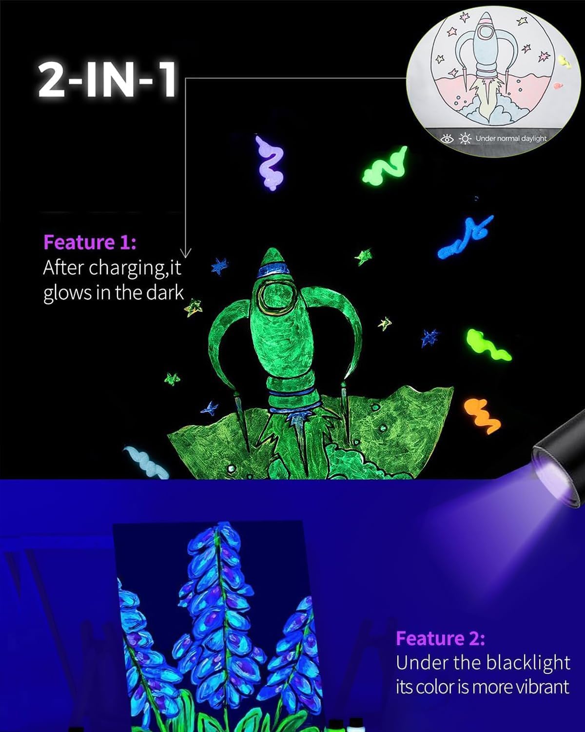 Fantastory Glow in the Dark Acrylic Paint,10 Bright Colors(30ml/1oz); Waterproof, Indoor Outdoor Black Light Paints for Halloween Rocks,Wood,DIY Crafts,Pumpkin, Adults