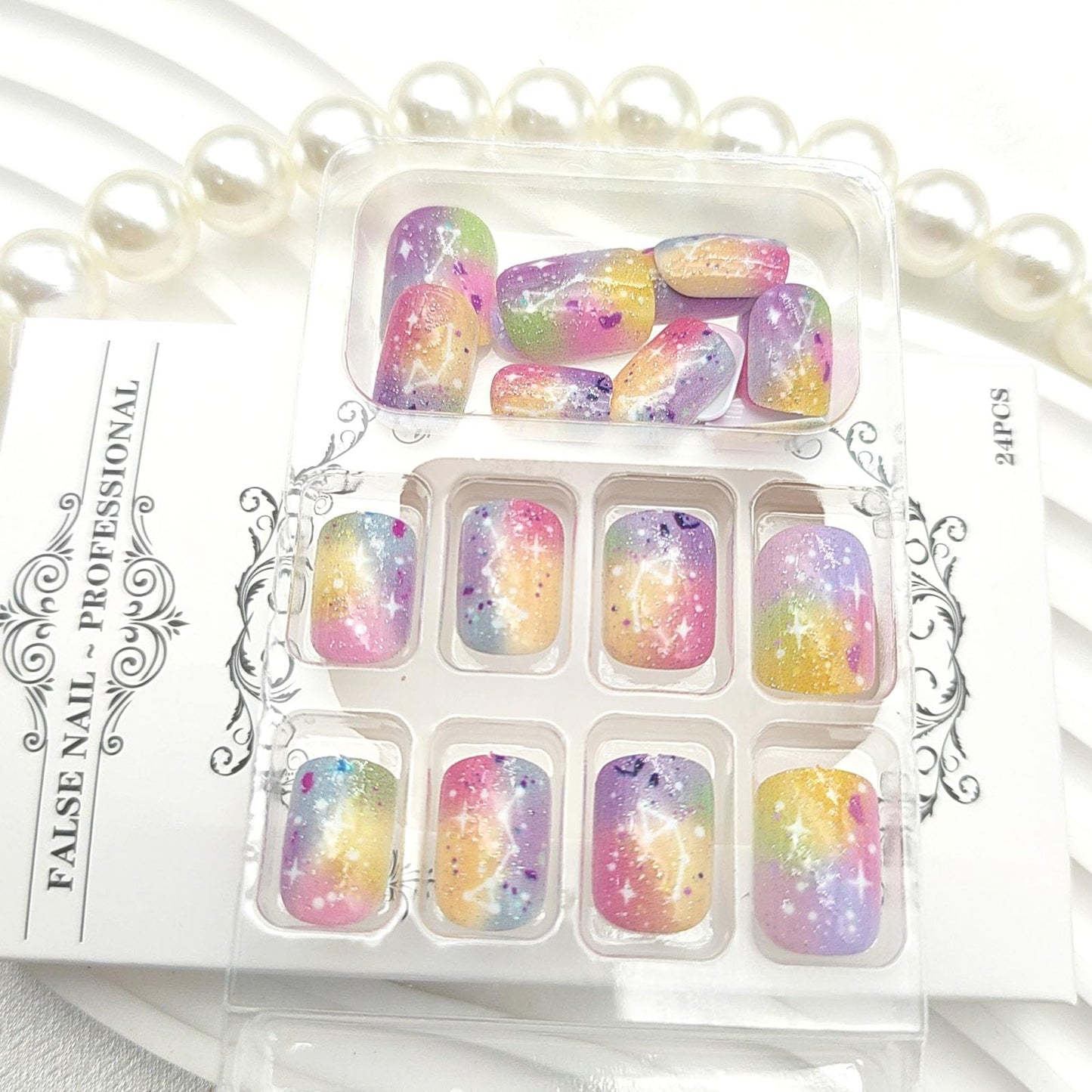 Square Press on Nails Short Fake Nails with Stars Glitter Gradient Designs Nails Press ons Colorful Glue on Nails Glossy Acrylic Nails Artificial False Nails Cute Stick on Nails for Women 24Pcs