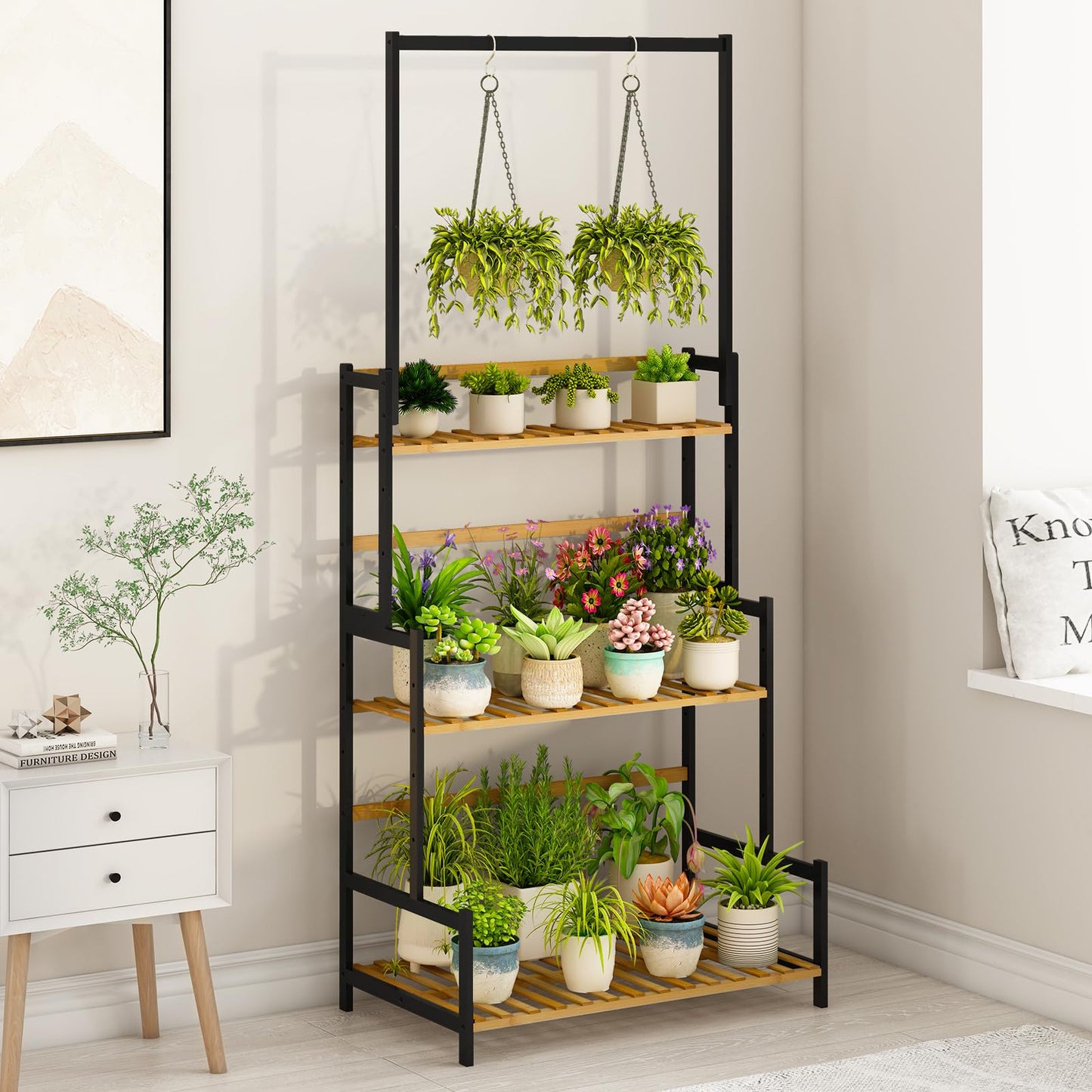 Ufine Bamboo Hanging Plant Stand 3 Tier Ladder Shelf with Hanging Rod Height Adjustable Flower Pot Display Organizer for Balcony Porch Living Room