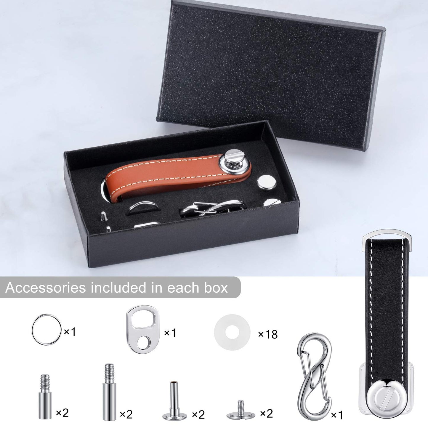 2 Sets Leather Key Organizer Compact Folding Pocket Key Holder up to 16 for Mens Father's Day Gift(Black, Brown)
