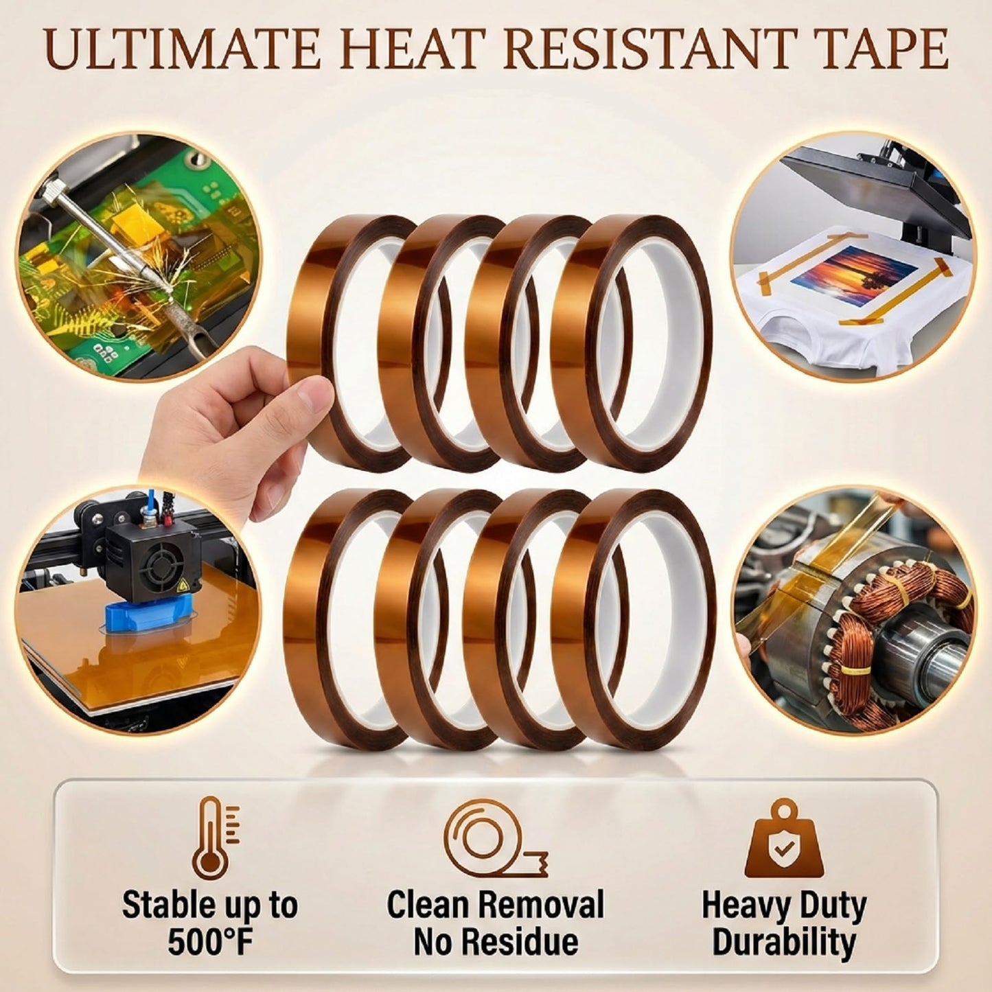 Tavira Heat Tape, 8 Rolls High Temperature Heat Resistant Tape 10mm x 16m (52FT) for Sublimation Transfer, Heat Press, Soldering, Electronics, DIY Craft Use, Total 420 Ft