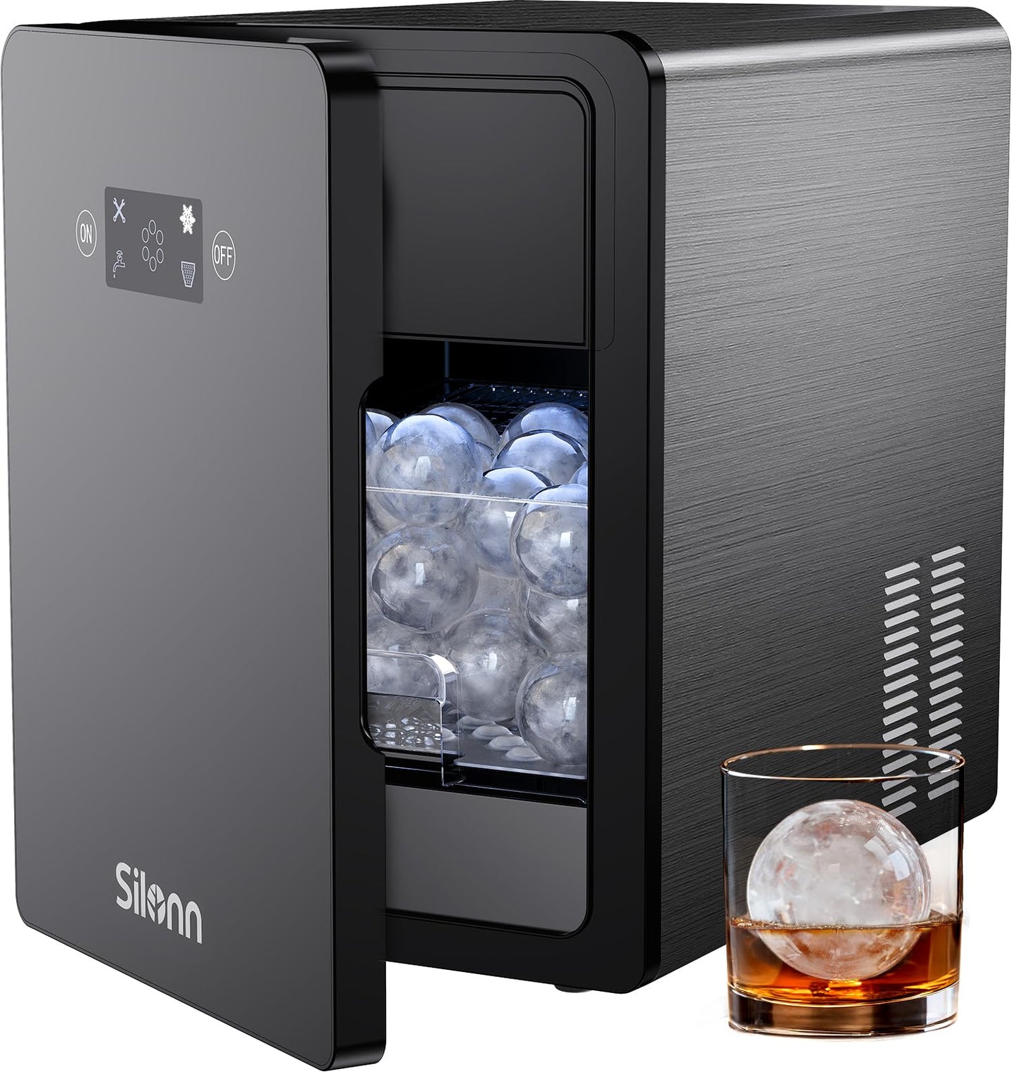Silonn 2" Sphere Clear Ice Maker Countertop, Slow-Melting Crystal Ice Balls for Whiskey, 4 Pcs in 35 Mins / 144 Pcs/Day, Rapid Sphere Technology, One-Click Self-Cleaning, Ideal for Bourbon