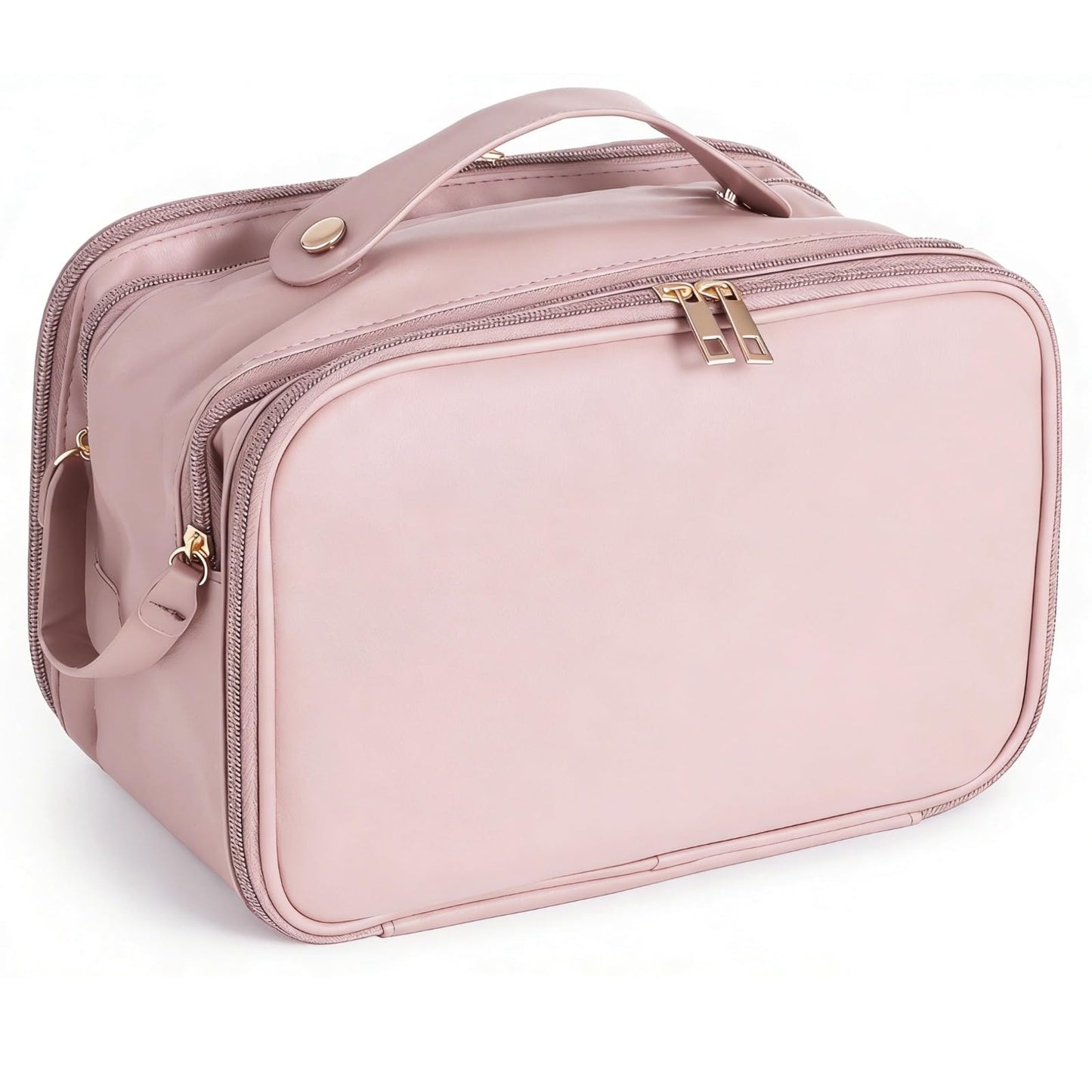 DORMIYA Travel Makeup Bag for Women, Large Capacity Cosmetic Organizer, Multi-Layer Toiletry Bag with Handle, Waterproof PU Leather Portable Makeup Zippered Case with Standing Brush Holder