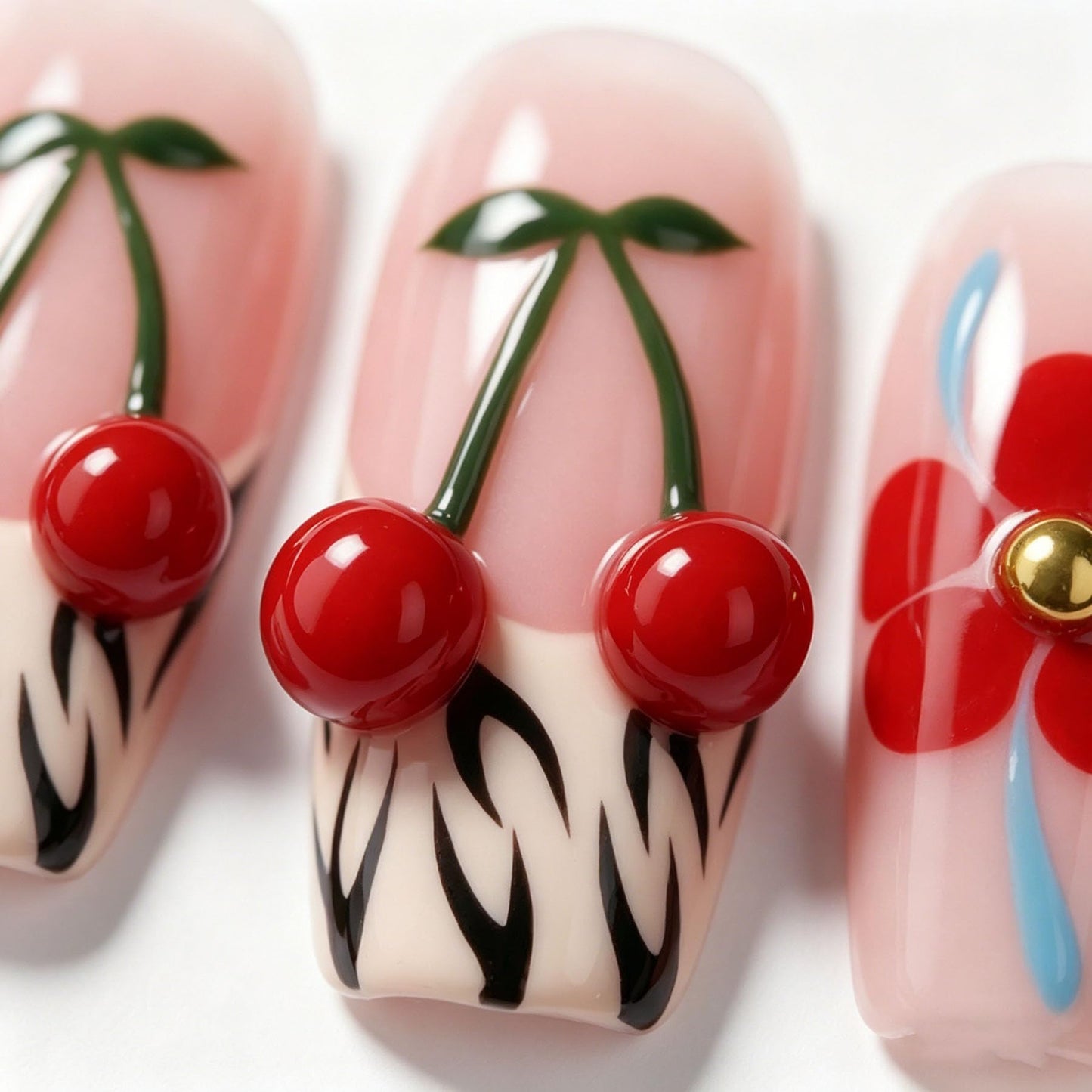 Handmade Press on Nails Square 3D Cute Glue on Nails for Women, Luxury Homemade Press on Nail Art Design, Fake Nails with 3D Nail Charms Size M 1