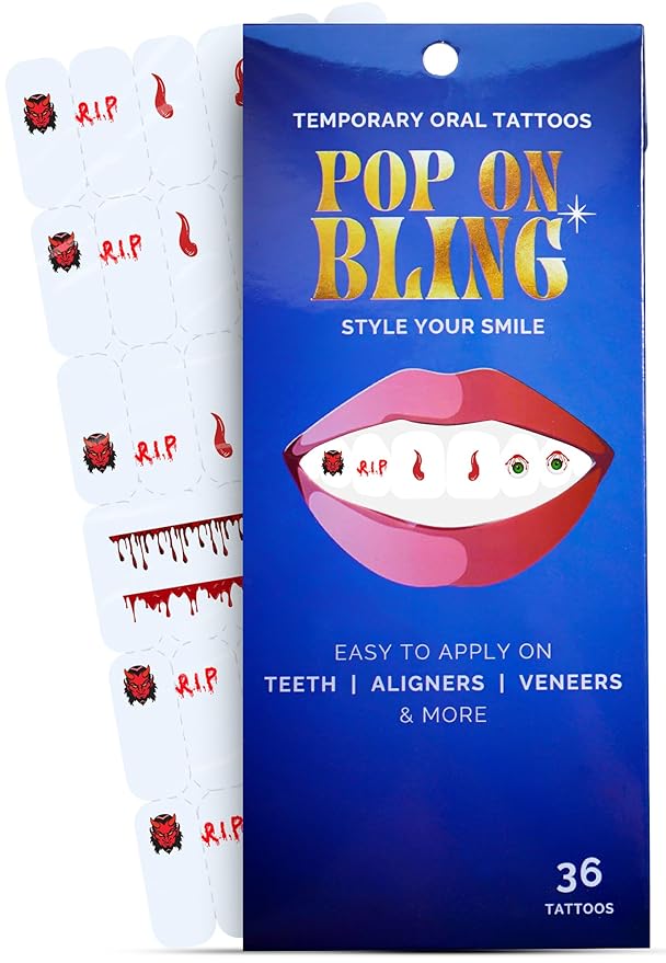 Halloween Tooth Bling Tattoo – Temporary Tooth Gem Kit for Teeth – Safe for Teens & Adults, Removable Fun Fake Tooth Tattoo Stickers for Halloween Costume, Party & Cosplay (Bloody)