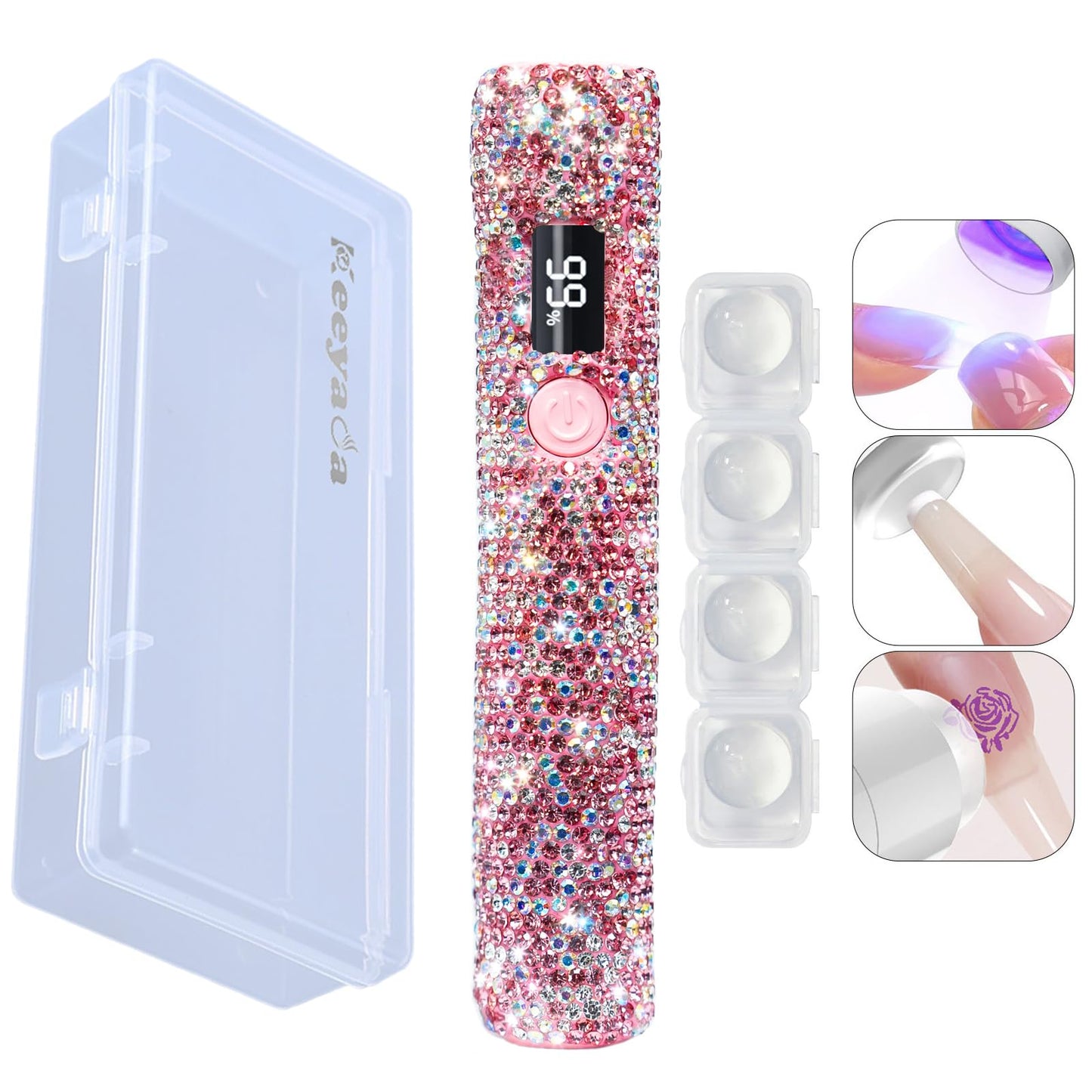 keeyada 3W Portable LED Nail Lamp with Sparkly Rhinestones, Handheld UV Light, Wireless Rechargeable USB Nail Dryer with Silicone Stamper, LCD Display Screen for Fast Curing Home DIY Manicure Pink
