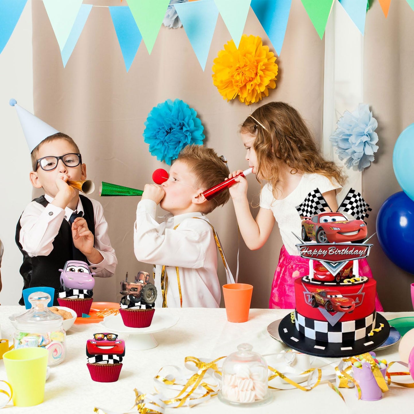 25 Pcs Cartoon Theme Happy Birthday Cake Toppers, Cute Cake Decorations, Includes 1 “Happy Birthday” Toppers and 24 Dessert Decorations