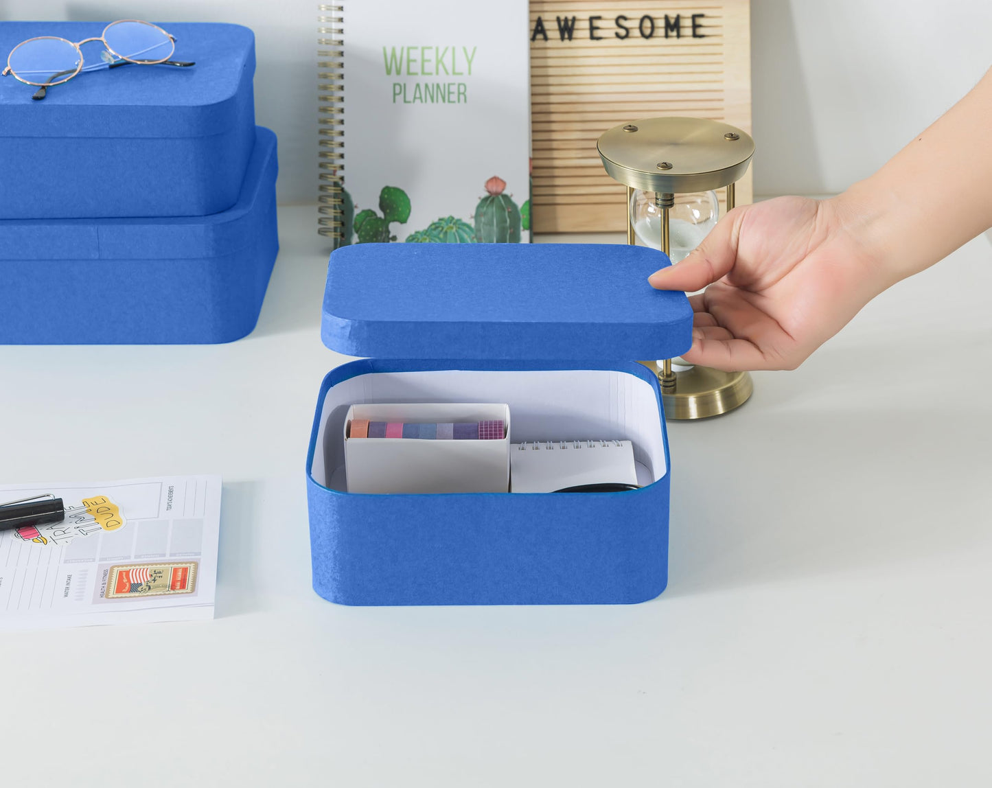 Soul & Lane Set of 3 Textured Royal Blue Boxes with Rounded Edges, Nesting Decorative Cardboard Boxes with Lids, Large Paperboard Storage for Organizing, Keepsakes, Gifts