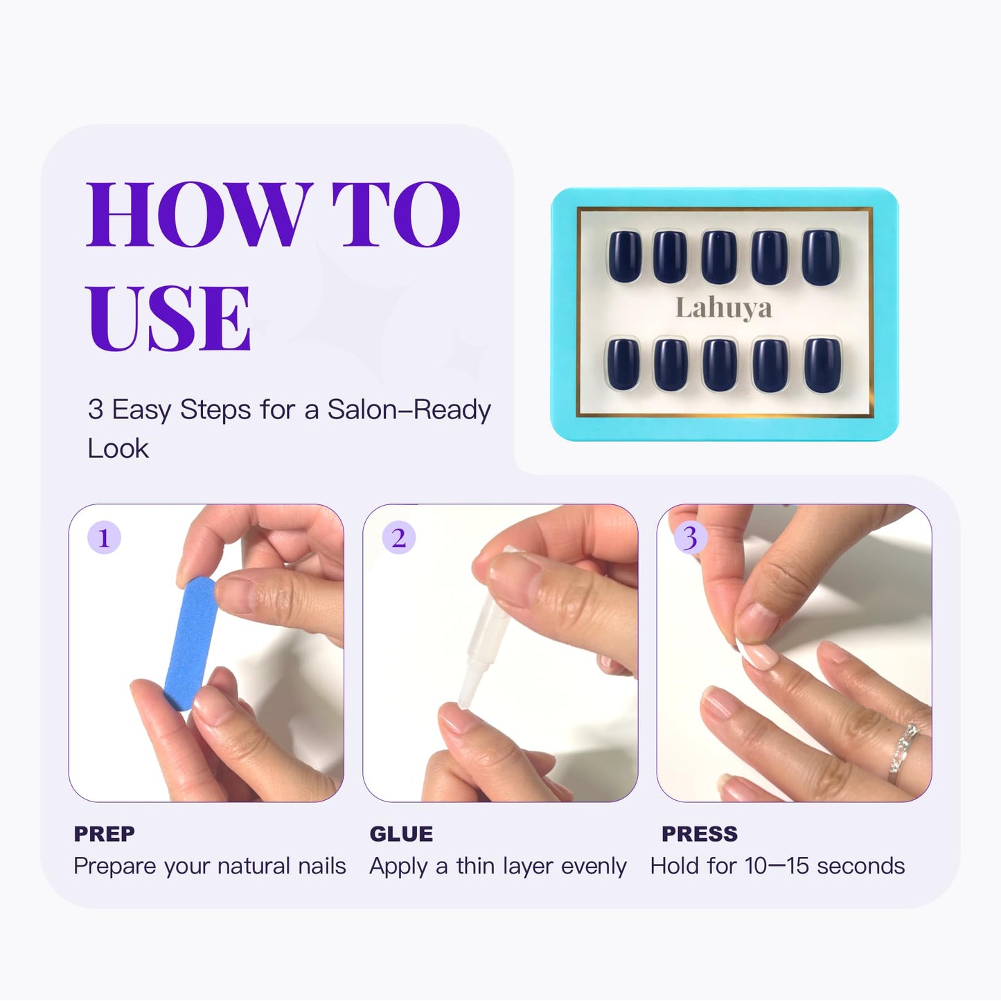 LAHUYA Press On Nails – Navy Blue | Nail Artist Designed Short Squoval Fake Nails with Glossy Navy Blue Finish, Reusable Press On Nails in 15 Sizes – 30 Nails Kit with Glue