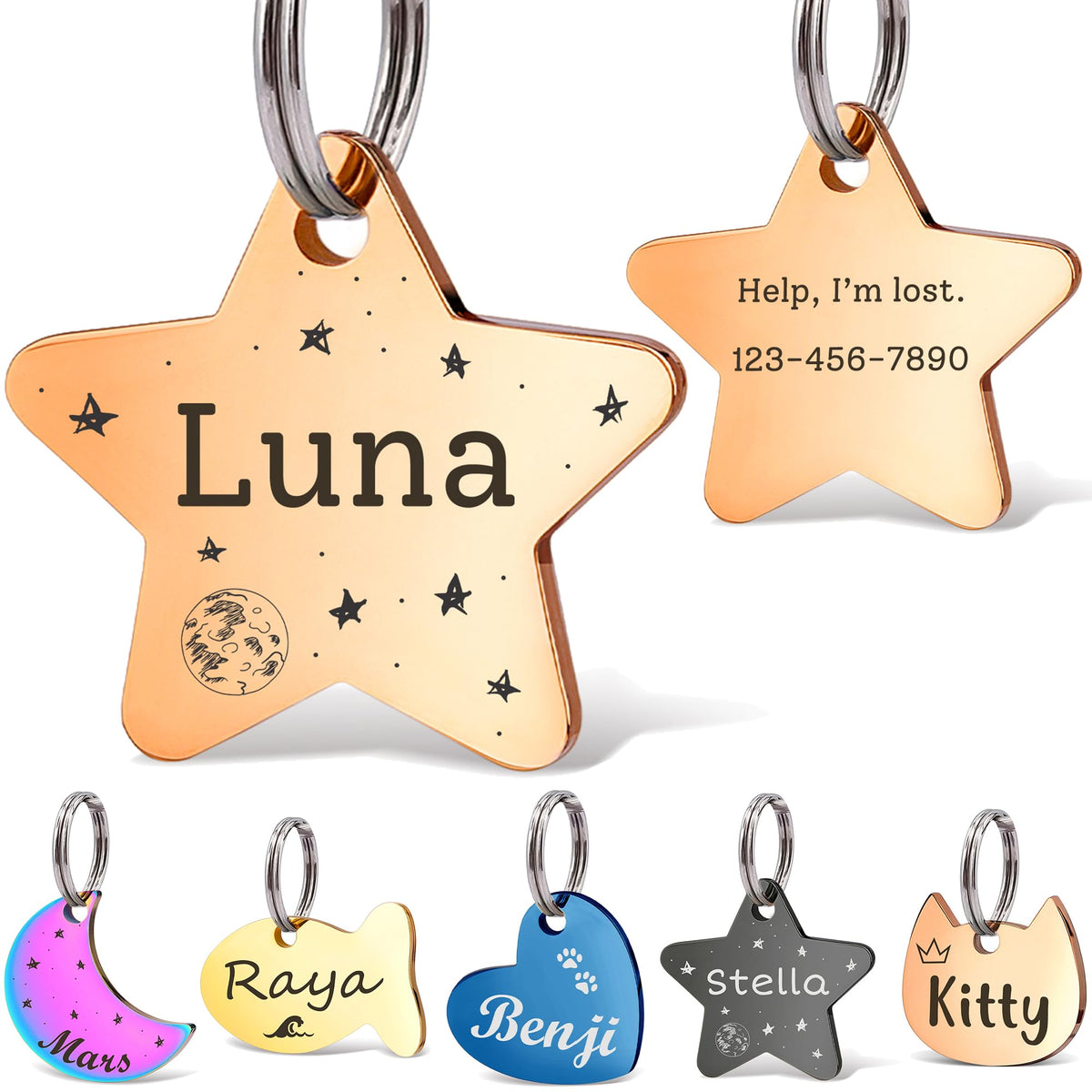 Anavia Small Size Dog Cat ID Tags, Small/XS Personalized Color Plated Stainless Steel Puppy Kitten Name Tags, Customized Engraved Nameplate Pet Collar Tag (Blue, Star)