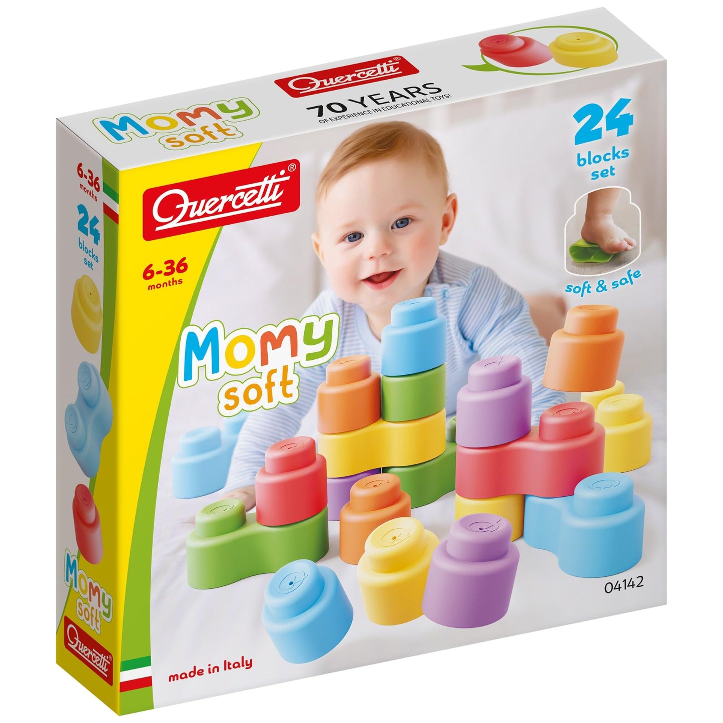 Quercetti: MOMY Soft - 24pc Blocks Set, Colorful Washable Shapes, Sorting & Stacking, Construction Toy, Safe Early Development Play, Baby-Toddler 6mo+