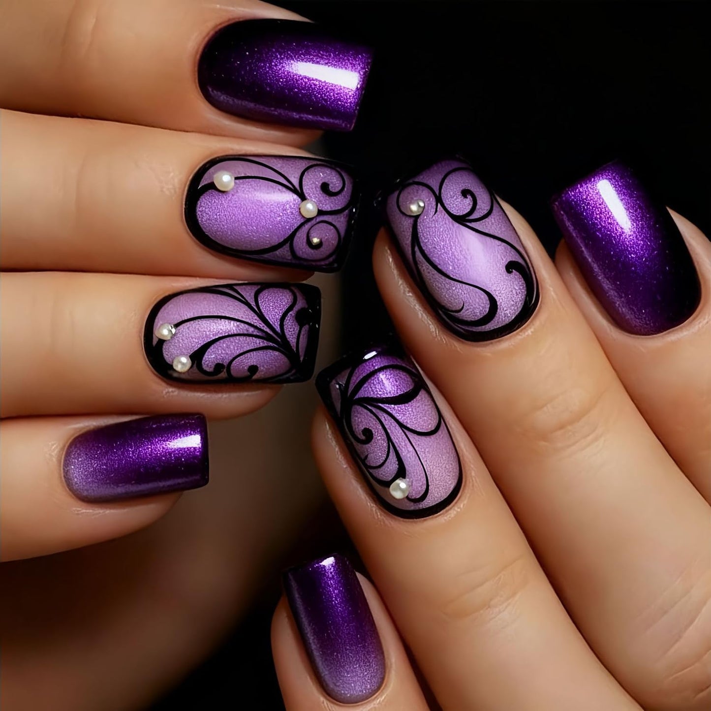 Purple Press on Nails Medium Square Fake Nails with Black Flowers Line Design Rhinestones False Nail Glossy Full Cover Acrylic Artificial Stick on Nail for Women 24Pcs