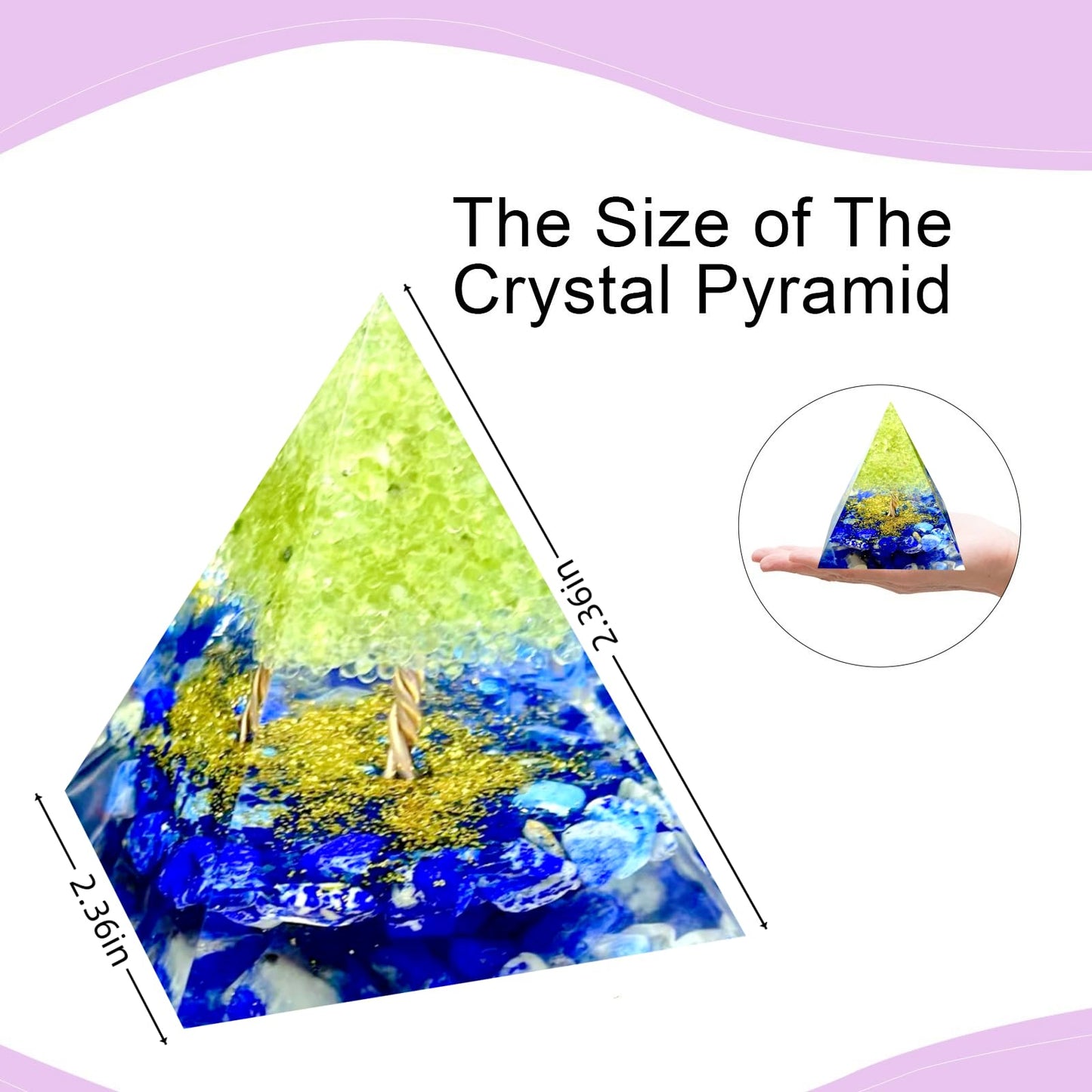Saefheled Tree of Life Orgone Pyramid,Natural Energy Peridot Lapis Lazuli Orgonite Healing Crystal Pyramid,for Reduce Stress,Balance Chakra,Meditation Attract Luck,Accumulate Wealth Health(6cm)