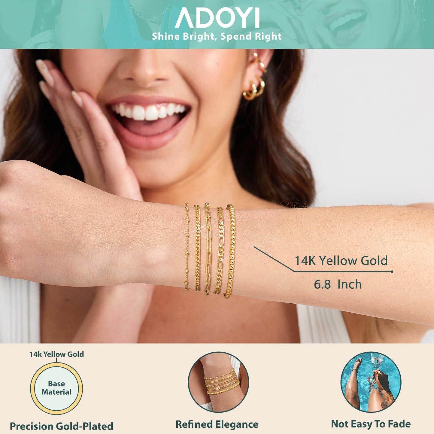 adoyi Gold Bracelets for Women, 14K Gold Plated Stackable Bracelet Stack Set Adjustable Charm Paperclip Chain Cuban Link Layered Waterproof Jewelry Sets Gifts for Womens 6.8 Inch