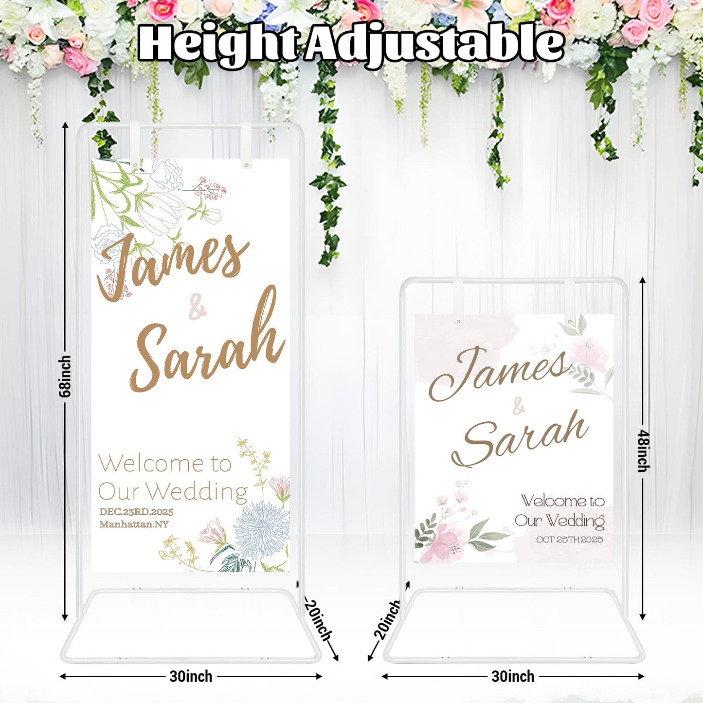 Jsngbse Adjustable Wedding Welcome Sign Stand with 2 Pair Hanging Straps, Welcome to Our Wedding Sign Holder Stand for Reception, Heavy Duty White Easel Stands for Sign Poster, Metal Floor Standing