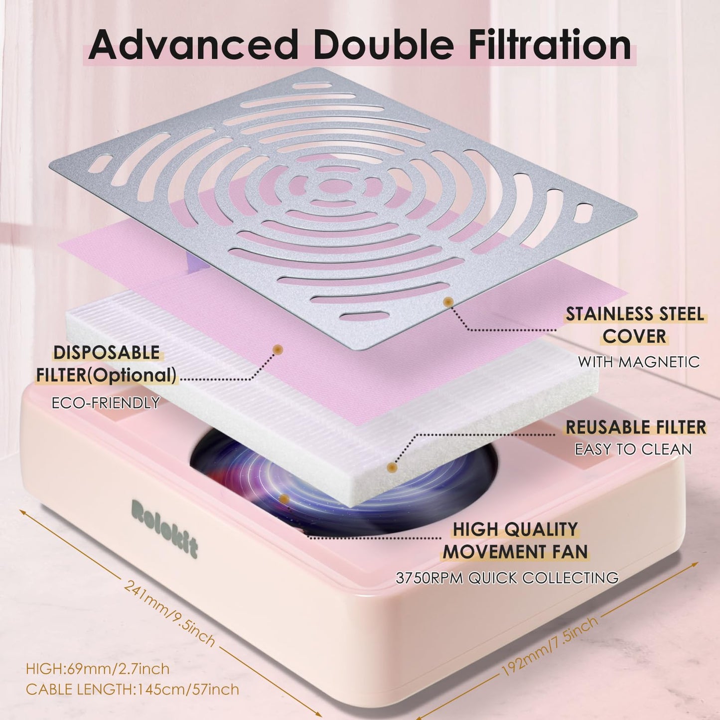 Nail Dust Collector with Lamp&50pcs Disposable Filter&Dusting Brush, Electric Nail Vacuum Cleaner Dust Fan Suction Machine for Manicure Acrylic Gel Nails Polishing, Low Noise,Salon Home