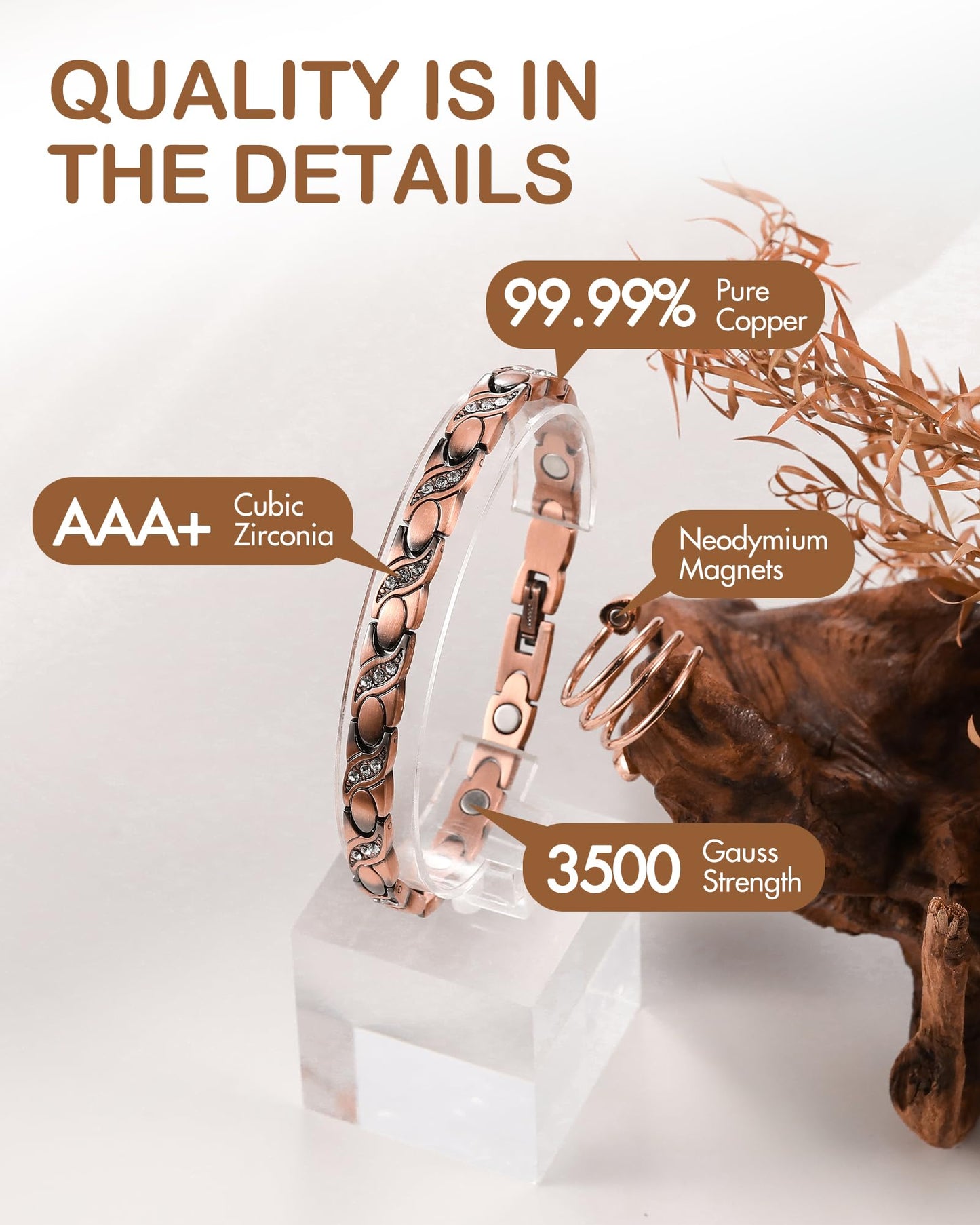 Feraco Pure Copper Bracelets & Rings for Women, Ultra Strength Magnetic Bracelet with 3500 Gauss Magnets & Sparkling Cubic Zirconia, Adjustable, Infinite Symbol
