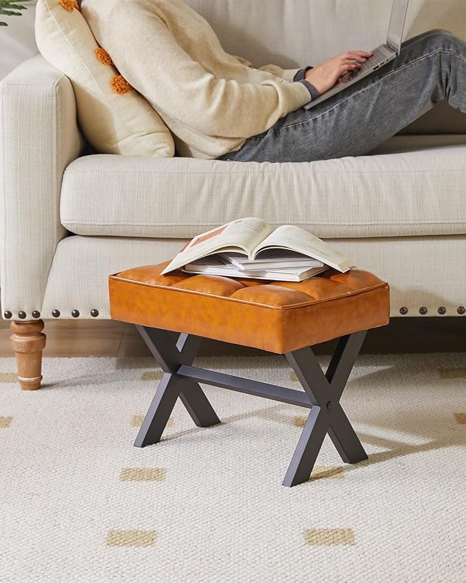 IBUYKE Small 12" H Footrest Stool, Square PU Foot Stool with Metal X-Leg, Multi-Use as Small Side Table, Step Stool for Living Room, Bedroom, Entryway, Office, Light Brown WBD012J