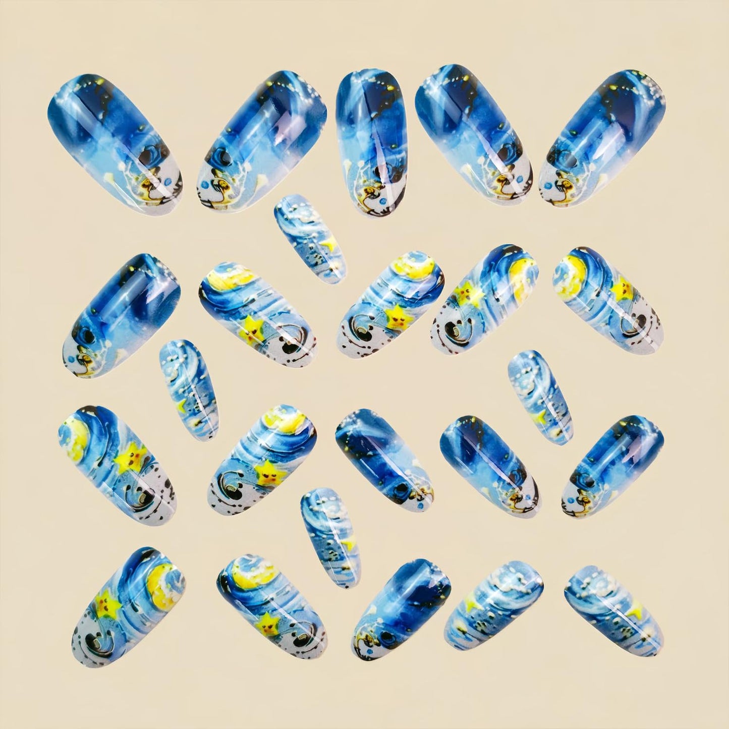 Blue Starry Sky Press on Nails Star Moon Fake Nails Long Oval Acrylic Glue on Nail Glossy Full Cover False Nail for Women
