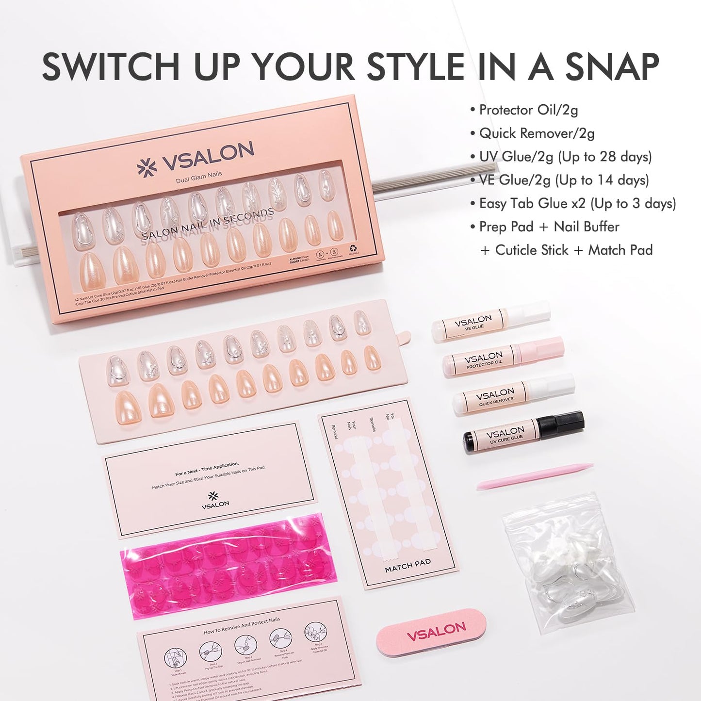 VSALON Press-On Nails Short Almond - Pearl White 3D Metallic Fake Nails for Women, 32 Main Nails in 16 Sizes &10 Champagne Alternative Nails - 42 PCS Reusable Glue on Nails Set with Tool Kit
