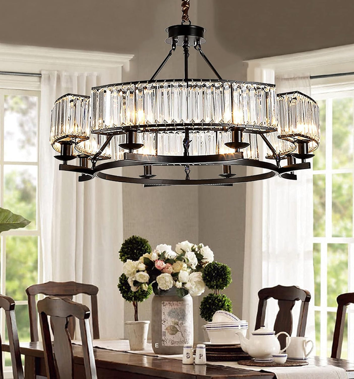 Farmhouse Crytal Chandeliers Dining Room Pendant Light Fixture Black Chandelier with K9 Crystal for Living Room Dining Room Foyer High Ceiling